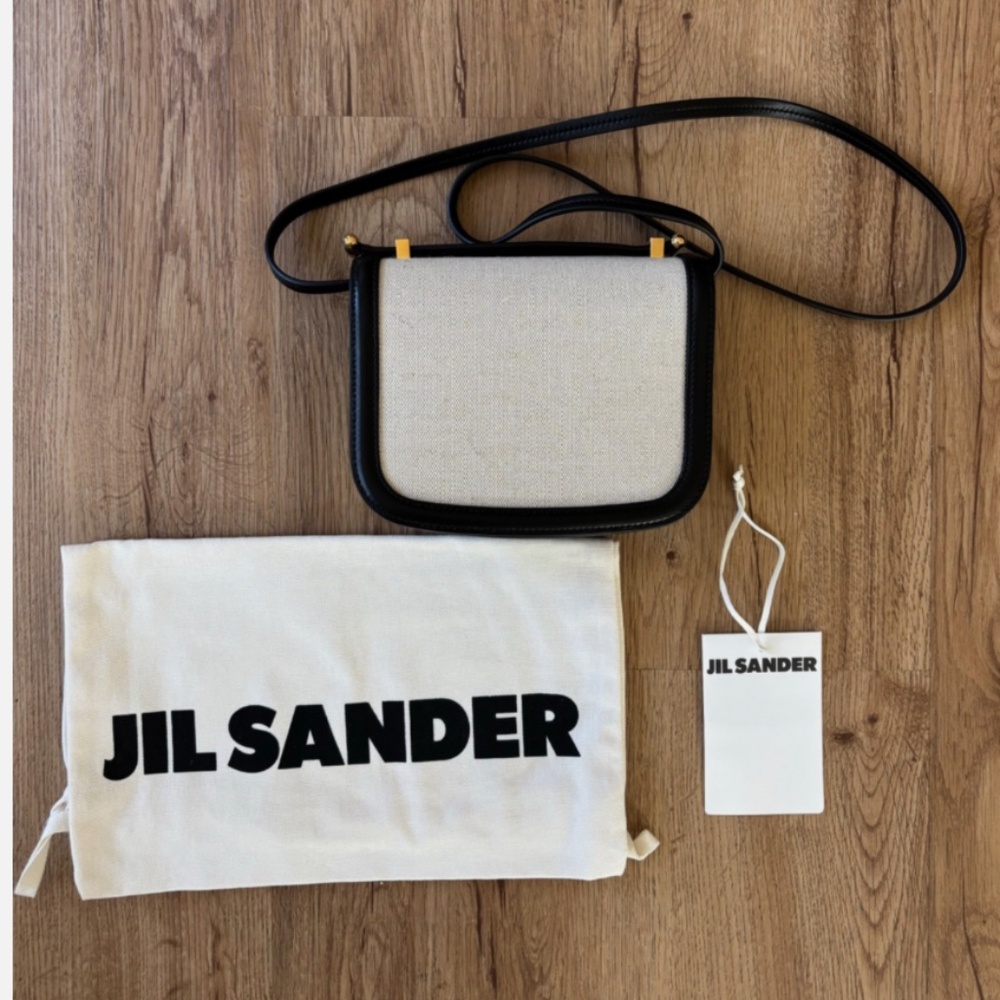 ★NWT Jil Sander Taos Leather Trimed Canvas Shoulder Bag Black/Cream★